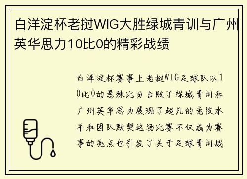 白洋淀杯老挝WIG大胜绿城青训与广州英华思力10比0的精彩战绩