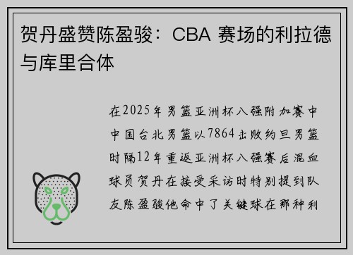 贺丹盛赞陈盈骏：CBA 赛场的利拉德与库里合体